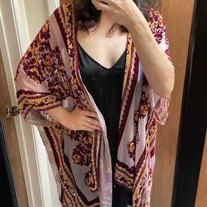 Free People Red Burgundy Yellow Gold Velvet Burn-out Kimono Shawl Robe One Size